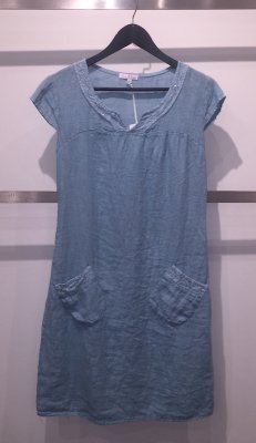 Linen Dress with Sequin Detail on Neck and Pockets