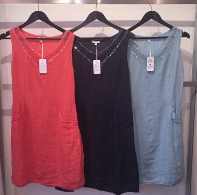 Linen V Neck Dress with Sequins