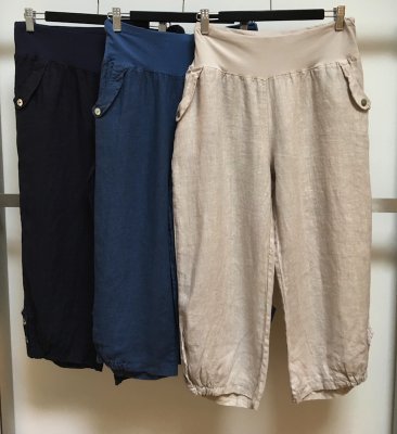 3/4 Linen Pants With Shell Buttons and Elasticised Hem