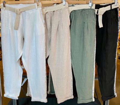 Linen tapered pants with woven belt and sequin stripe