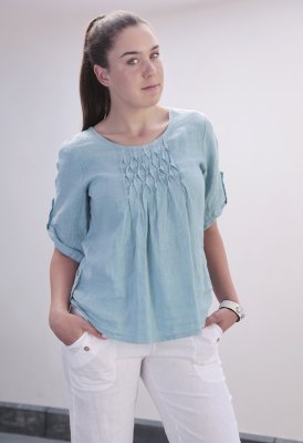 Linen Top with Front Pleats and Side Button Detail